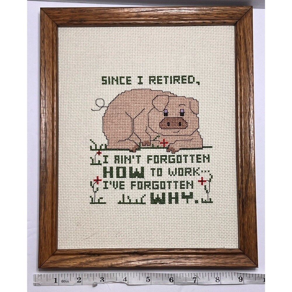 Vintage-Style Framed Cross Stitch Since I Retired Pig Design Cottagecore Farm